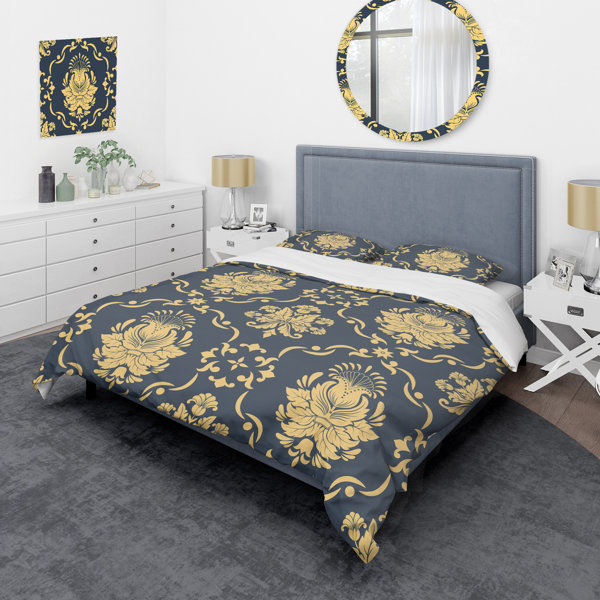 DesignArt Grey And Yellow Damask Damask Duvet Cover Set Wayfair